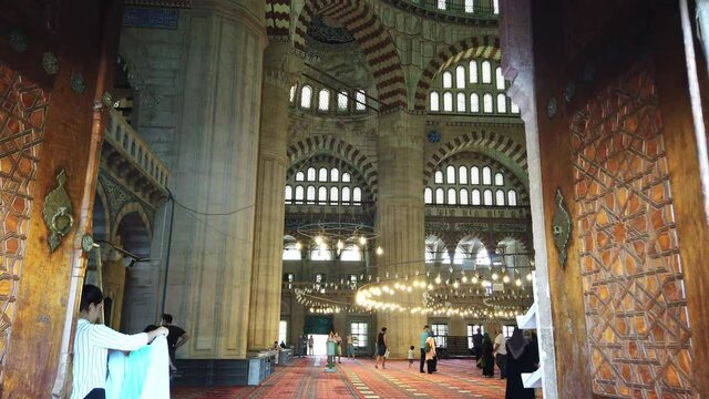 interior of Suleymaniye Mosque, hand-painted walls, ceiling, oriental pattern.