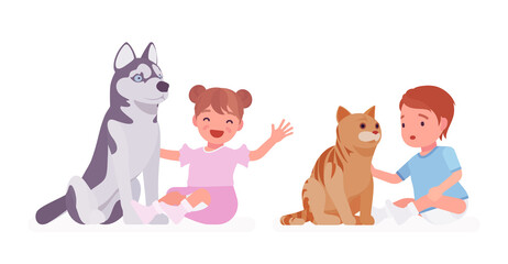 Toddler child, little boy and girl playing with pet dog, cat friend. Cute sweet happy healthy baby, small children aged 12 to 36 months. Vector flat style cartoon illustration, white background