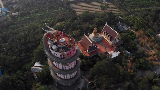 Drone aerial view of Wat Samphran Dragon Temple in the Sam Phran District in Nakhon Pathom province near Bangkok, Thailand