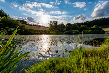 Fototapeta premium Sauerland Teich Tümpel See Seerosen Gegenlicht Wolken Spiegelung Landschaft Deutschland Stimmung Natur Balve Melschede Tal Weg Idyll Schilf Abendlicht Sonnenuntergang Wiesen Wald Panorama Sommer 