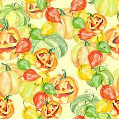 Orange pumpkin watercolor. Pumpkin for Halloween, for a holiday. Night party. Sinister pumpkin. physalis, autumn leaves. On isolated background. Watercolor seamless pattern for halloween.