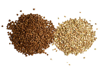 Roasted and unroasted buckwheat on a white background
