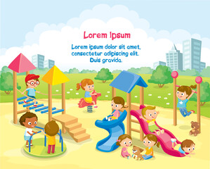 Fototapeta premium Children playing on playground with rope bridge, and swing, hanging horizontal ladder, slide ,radical rotator and carousel.