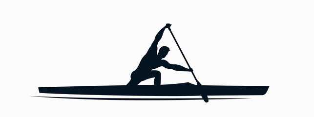 Silhouette of an athlete who is engaged in kayaking, standing in support on one knee. Sports logo, kayak symbol. Vector flat design illustration.