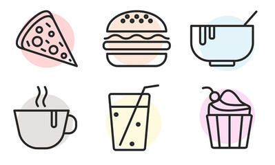 Food Icons Set. Burger, pizza, cupcake, soup, coffee, drink. Food outline web icon. Concept of lunch and dinner. For restaurant websites. Vector illustration.