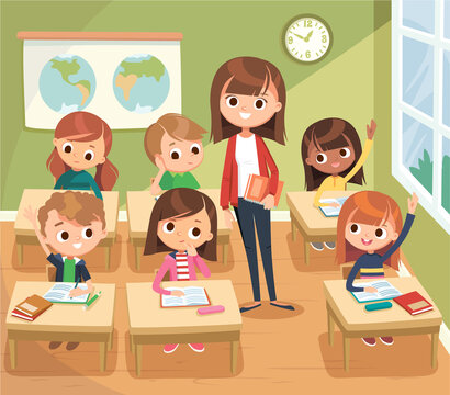 Teacher with pupils in a classroom. Pupils attend classes raising hands listen to teacher. Primary school education vector interior illustration. Teacher taking class. Back to school.