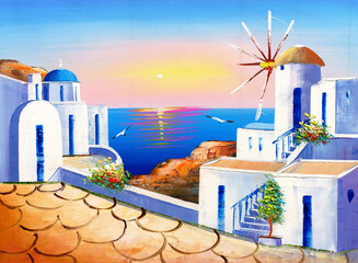 Oil Painting - Santorini, Greece - obrazy, fototapety, plakaty