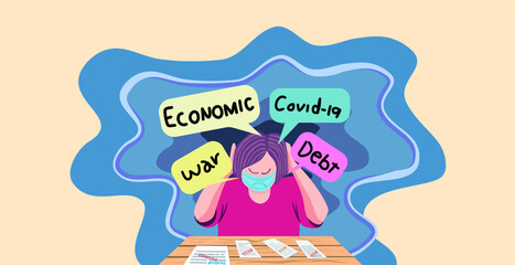 Man sit on the table and feel worry with Payment bill and debt and covid-19 virus and war and economic , illustration picture.