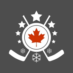 Ice hockey emblem. Crossing sticks, stars and snowflake. Flag of Canada