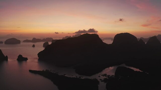 Drone aerial shot of sunrise at Samet Nangshe viewpoint, the new unseen tourism, Phang Nga Bay National Park, Thailand