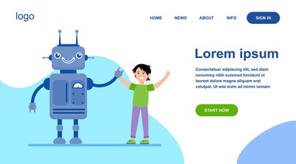 Happy boy rising hands with robot. Engineering, future, knowledge flat vector illustration. Technology and robotic industry concept for banner, website design or landing web page
