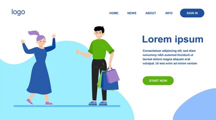 Happy couple shopping together. Support, bag, choosing flat vector illustration. . Relationship and family concept for banner, website design or landing web page