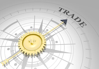 Business concept. Abstract compass points to the trade word. 3D rendering