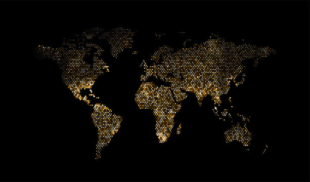 Halftone texture golden world map. World abstract illustration