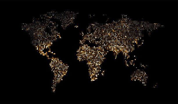 Halftone texture golden world map. World abstract illustration