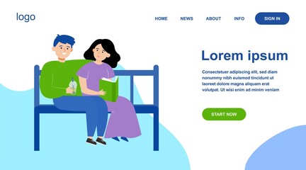 Happy couple sitting on bench in park. Date, love, book flat vector illustration. Relationship and family concept for banner, website design or landing web page