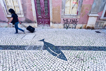 calcadas, Portuguese pavement on a sidewalk in the city of Faro, Algarve, Portugal