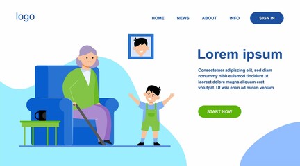 Grandma sitting in armchair and little grandson smiling. Kid, boy, generation flat vector illustration. Family and parenting concept for banner, website design or landing web page