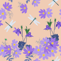 Seamless vector illustration with wildflowers and dragonflies.