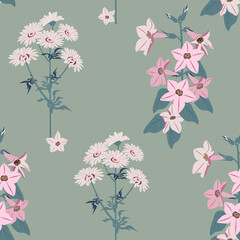 Seamless vector beautiful illustration with chamomile and campanula on a green background.