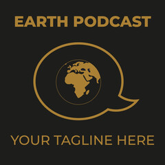 Thumbnail/cover for an environmental/world issues/eco/earth podcast. Vector illustration. Placeholder text in space for title and tagline. Gold and black