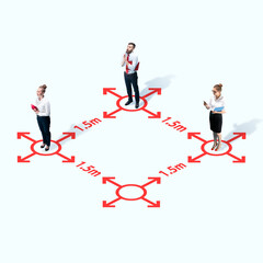 Studio shot of people demonstrating social distancing with arrows indicating the separation. Office workers during coronavirus outbreak with new rules for safety and healthcare. High angle view