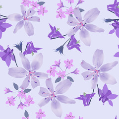 Seamless vector illustration with aquilegia and lily on a lilac background .