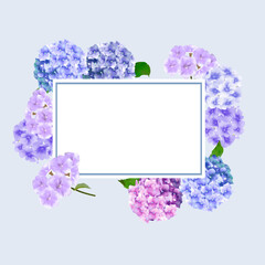 Delicate hydrangeas and phlox with a frame and place for your text on a blue background.