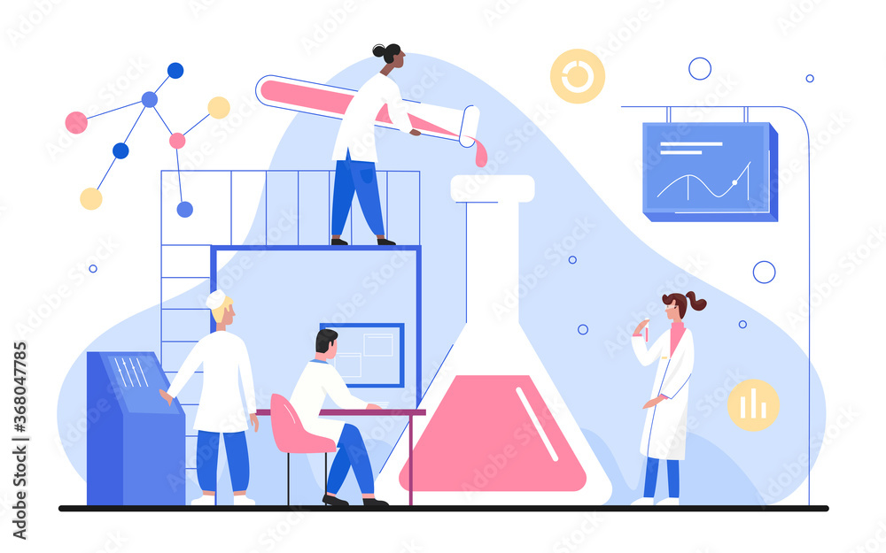 Wall mural people work in science laboratory vector illustration. cartoon flat tiny scientist researcher charac