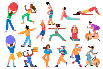 Fototapeta na wymiar Sport activity vector illustration set. Cartoon flat active sportsman collection with man woman character doing yoga asana, fitness exercises with dumbbells in gym, healthy lifestyle isolated on white