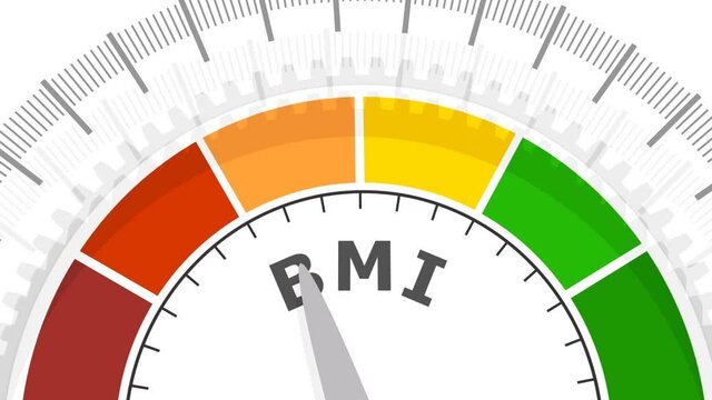 Body mass index meter read level result. Color scale with arrow from red to green. The measuring device. Colorful infographic gauge element.