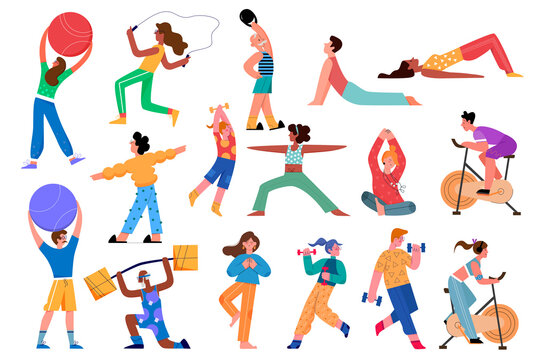 Sport activity vector illustration set. Cartoon flat active sportsman collection with man woman character doing yoga asana, fitness exercises with dumbbells in gym, healthy lifestyle isolated on white