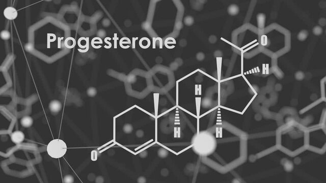 Progesterone hormone chemical molecular formula. Biochemistry and gynecology animation. Connected lines with dots background