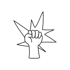 protest concept, Human hand with fingers folded into fist and decorative burst icon, line style