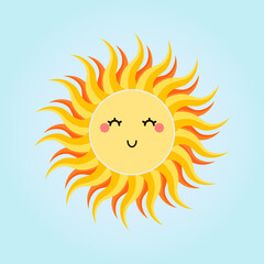 Cute sun icon illustration isolated on blue background. Flat style. Vector illustration.