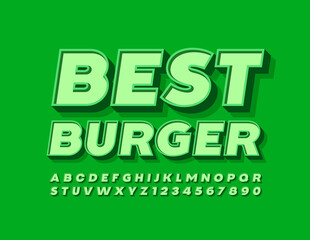 Vector restaurant promo Best Burger. Trendy 3D Font. Green Modern Alphabet Letters and Numbers