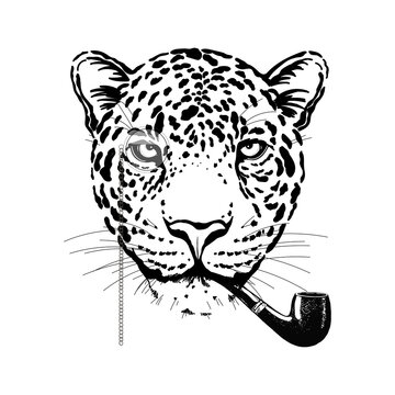 Hand drawn sketch style burlesque portrait of funny leopard with smoking pipe isolated on white background. Vector illustration.