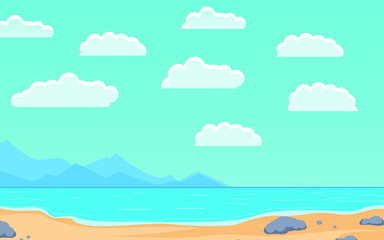 Cartoon summer beach background. Seaside landscape background illustration.
