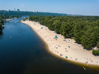 Aerial view. City sandy beach in summer in Kiev.