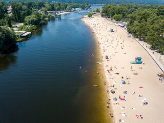 Aerial view. City sandy beach in summer in Kiev.