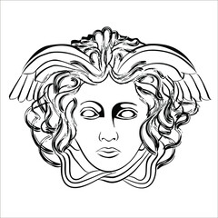 Vector linear illustration of an antique character. An isolated image of Medusa gorgon. The character of ancient Roman mythology.