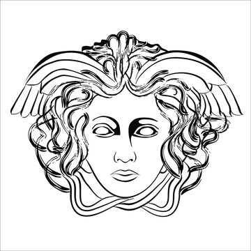 Vector linear illustration of an antique character. An isolated image of Medusa gorgon. The character of ancient Roman mythology.