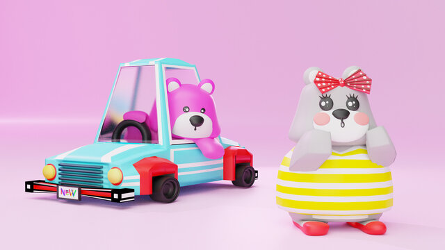 Toy Car And Teddy Bear On Pink Background. 3d Render