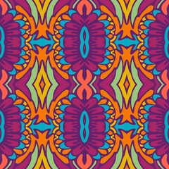 Tribal ethnic indian seamless vector design. Festive colorful psychedelic art pattern. Coloful tribal background