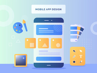 Mobile app design concept shape on smartphone screen background tools design color paintbrush pallet with flat style