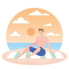 Obraz na płótnie Canvas man in shorts sitting on the beach, summer vacation season season vector illustration design
