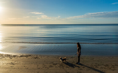 Girl on the beach with her dog.