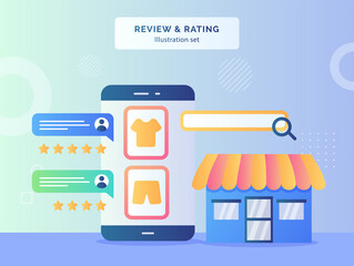 Review rating concept feedback comment rate from customer on clothing display smartphone screen background of facade store with flat style