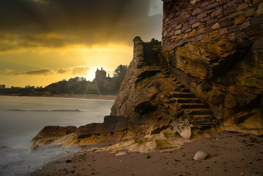 sunset view of Ravenscraig castle, kirkcaldy, fife, scotland.