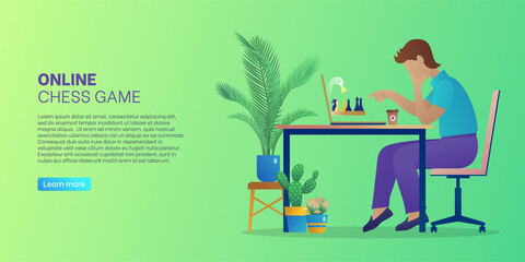 Online chess game web banner. Man sitting in front of computer screen playing strategic intellectual board game during self-isolation. Online chess tournament landing page. Flat vector illustration